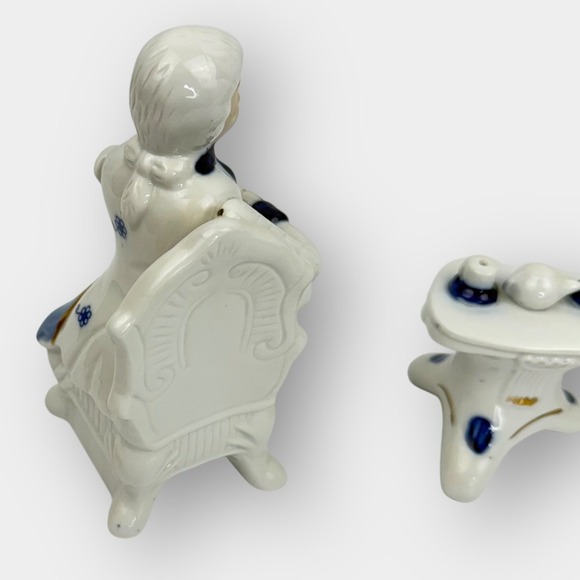 Vintage Porcelain Seated Couple Figurines with Table Blue White Gold Trim - Picture 8 of 16